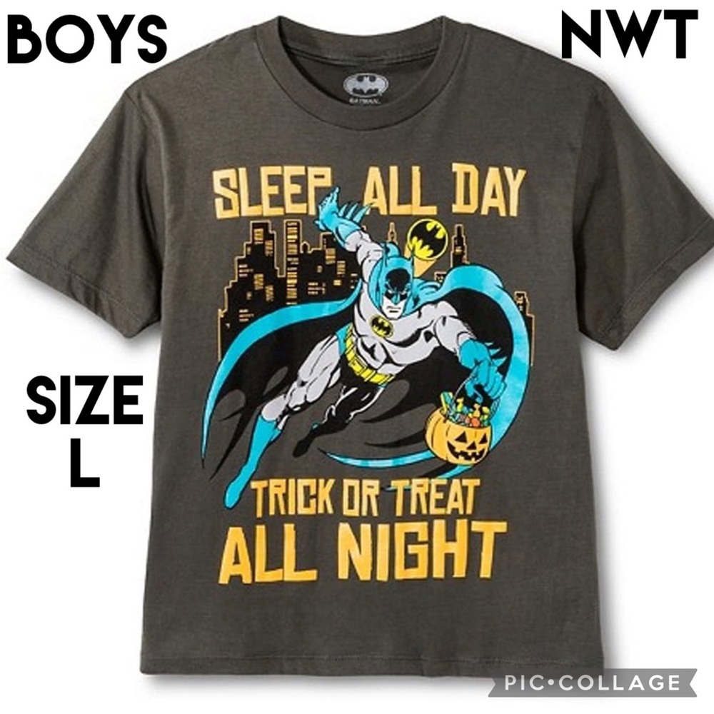 NWT Batman Boys T-Shirt Halloween Sleep All Day Trick or Treat All Night Size L